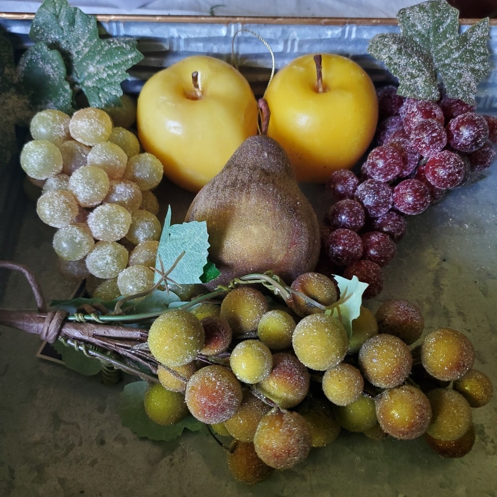 Lot 6 PC 3 Sugared Bunches Grapes Frosted Decor Pear  2 Yellow Apple Candles